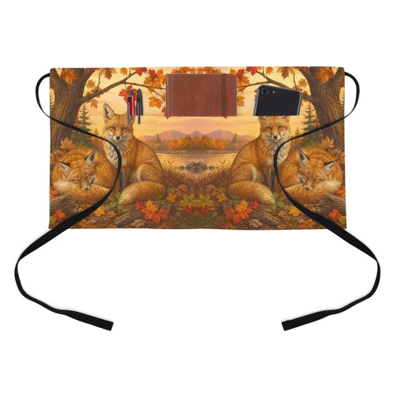 Fall Red Fox Kitchen Restaurant Half Waist Apron, Rustic Red Yellow Maple Tree Fallen Leaves Wildlife Server Short Apron with 3 Pockets Waterproof Oil Waist Aprons for Women Waitress Waiter