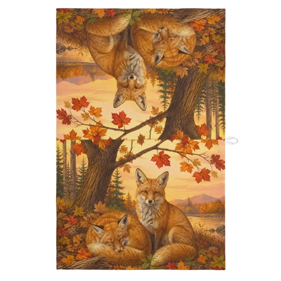 Fall Red Fox Kitchen Towels Dish Towel Pack of 1 Rustic Red Yellow Maple Tree Fallen Leaves Wildlife Soft Dish Cloth Set Absorbent Dishcloth for Drying Dishes, Hand Towels 18 x 28 Inches