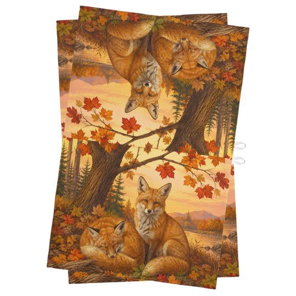 Fall Red Fox Kitchen Towels Dish Towel Pack of 2 Rustic Red Yellow Maple Tree Fallen Leaves Wildlife Soft Dish Cloth Set Absorbent Dishcloth for Drying Dishes, Hand Towels 18 x 28 Inches