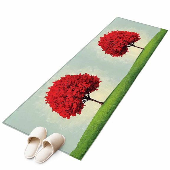 Fall Red Maple Area Rug 2x6ft Watercolor Red Tree Leaf Green Plant Grass Blue Sky Non-Slip Washable Square Rugs Soft Felt Indoor Floor Mat for Bedroom Kitchen Living Room Bathroom