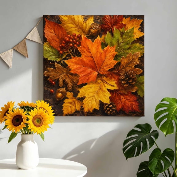 Fall Red Maple Leaf Canvas Wall Art for Living Room, Country Vintage Farm Yellow Green Leaf Berry Poster Print Painting for Bedroom Office Home Decoration Wall Pictures Prepare To Hang 8"x8"