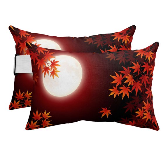 Fall Red Maple Lveas Outdoor Pillows for Chaise Lounge Chair Beach Headrest Pillow Set of 2 Waterproof Lumbar Pillows with Insert&Strap Rustic Autumn Moonlight Botanical Pool Pillow 12"x20"
