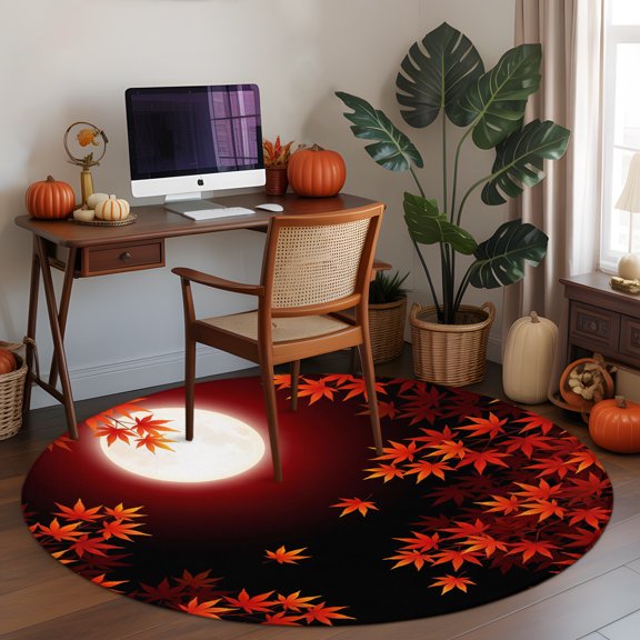 Fall Red Maple Lveas Round Area Rug 3 FT, Small Kitchen Bathroom Mat, Rustic Autumn Moonlight Botanical Washable Indoor Outdoor Throw Runner Carpet Non-Shedding Doormat for Table Shower Sofa Entryway
