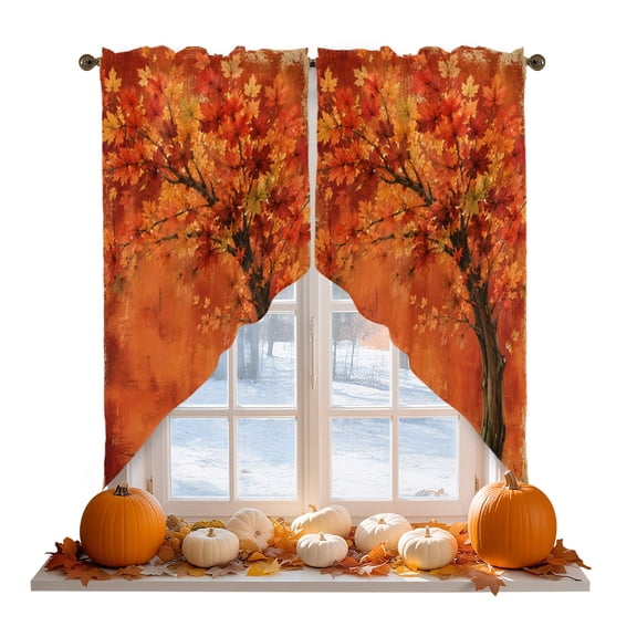 Fall Red Maple Tree Swag Curtain Valances for Kitchen, Thanksgiving Vintage Harvest Country Maple Leaf Rod Pocket Curtains Window Treatment Swag Valance for Bedroom Bathroom, 2 Panels 36 x 63 Inch