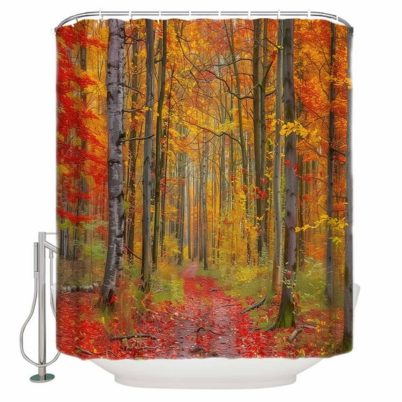 Fall Red Shower Curtain, 36" x 72", Orange Tree Leaf Forest Waterproof Bathroom Curtain Washable Shower Curtain Set with 12 Hooks