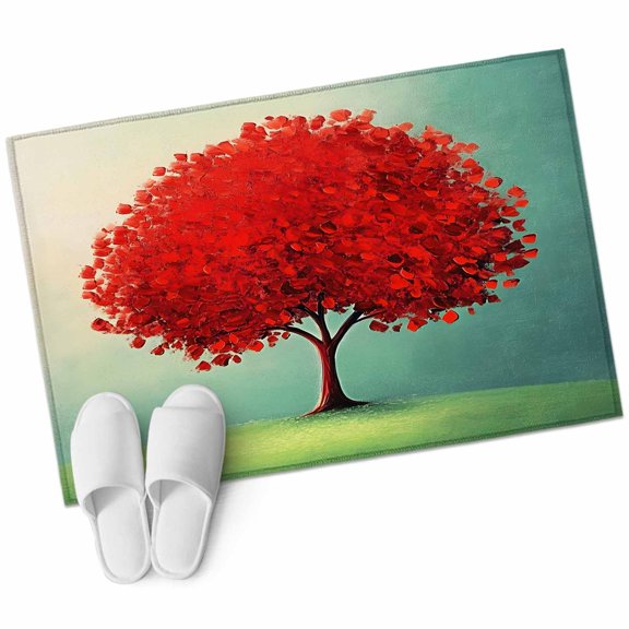 Fall Red Tree Area Rug 2x3ft Watercolor Red Tree Leaf Gradient Green Plant Grass Sky Non-Slip Washable Square Rugs Soft Felt Indoor Floor Mat for Bedroom Kitchen Living Room Bathroom