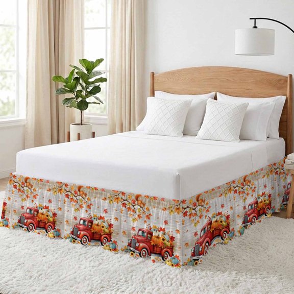 Fall Red Truck Bed Skirt King Size 18 Inch Drop, Thanksgiving Rustic Pumpkin Maple Leaf Squirrel Berry Adjustable Elastic Dust Ruffles Bedskirt for King Bed Wrap Around Pleated Mattress Frame Cover
