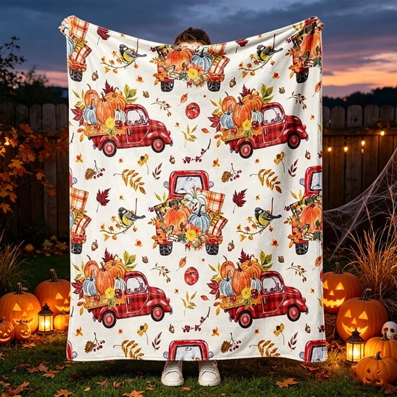 Fall Red Truck Pumpkin Flannel Throw Blanket, Autumn Maple Leaf Bird Print Soft Blanket, Harvest Halloween Cozy Decorative Blanket, for Sofa, Bed, Nap