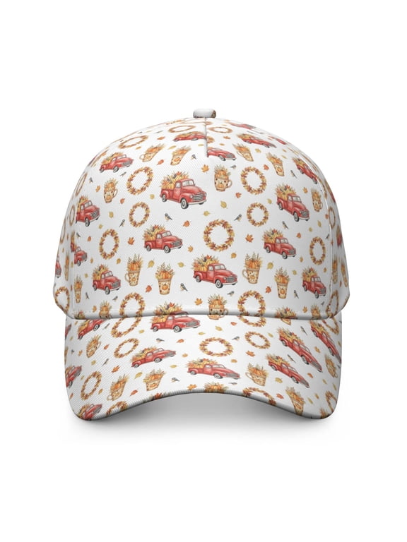 Fall Red Truck Pumpkin Leaf Pattern Baseball Cap, Sports Sun Cap with Snap Closure & Sweatband, Polyester Construction Gifts for Sports Outdoor Travel