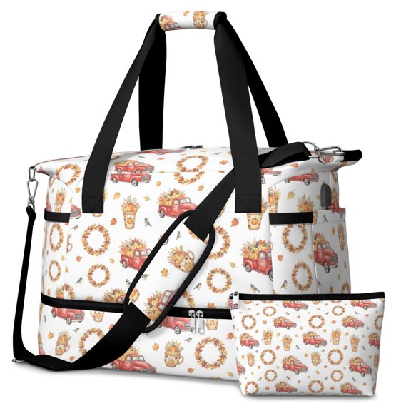 Fall Red Truck Pumpkin Leaf Pattern Gym Duffel Bag 2 Piece Set, Hospital Overnight Bag with Shoe Compartment & Toiletry Bag, USB Charging Port Gifts for Women Men,18.5 X 8.7 X 14.2 Inches