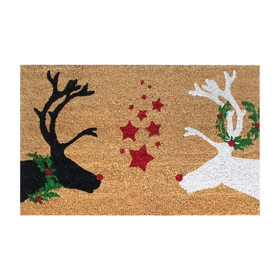 Fall Reindeer Star Welcome Doormat, Natural Coir Material Thanksgiving Decor, Entrance Porch Outdoor Home Rug