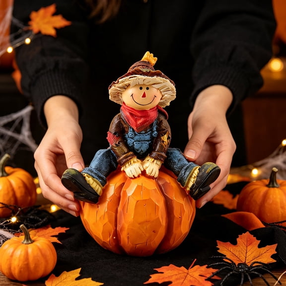 Fall Resin Figurine Western Cowboy Boy Sitting On Pumpkin Desktop Ornament Farmhouse Tabletop Decor For Thanksgiving Harvest(Orange-6.1")
