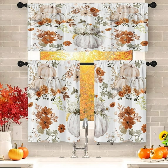 Fall Retro Floral Pumpkin Kitchen Window Curtains Valance and Tier Set 36 Inch, Autumn Vintage 3 Piece Window Treatment Tiers for Living Room Bedroom Kitchen Decor Drapes