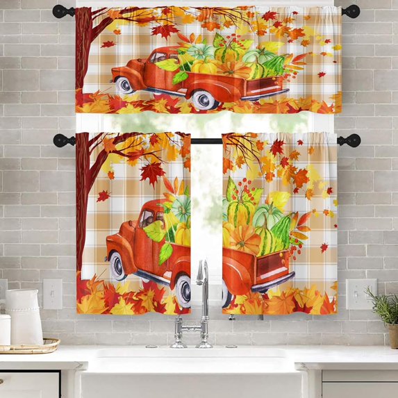 Fall Retro Truck Pumpkin Kitchen Window Curtains Valance and Tier Set 36 Inch, Maple Leaf Orange Plaid 3 Piece Window Treatment Tiers for Living Room Bedroom Kitchen Decor Drapes