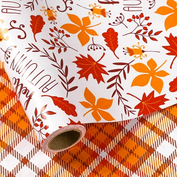 Fall Reversible Wrapping Paper Roll, Maple Leaf with Hello Autumn Chestnut & Classic Plaid Print for Autumn, Thanksgiving Gift Wrap, DIY Craft, Mini Roll, 17 inches x 32.8 Feet (46.45 sq.ft.)