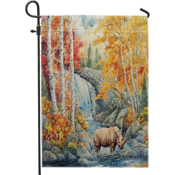 Fall Rhinos Front Yard Backyard Burlap Garden Flags 12x18 Double Sided for Outside, Autumn Woodland Waterfall Small House Flags, Animal Home Porch Lawn Flags