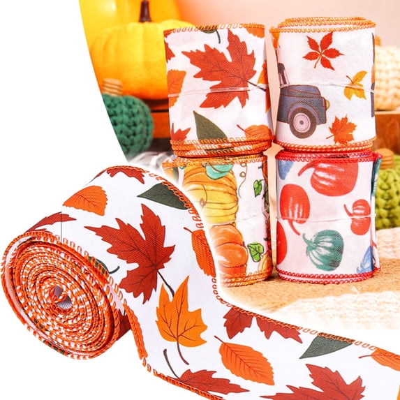 Fall Ribbon Wired,5 Yard Fall Pumpkin Maple Leaf Wired Edge Ribbons,Harvest Motif Wired‑Edge Ribbon Roll,Flexible Thanksgiving Printed Ribbon String,Autumn Themed Ribbon Ring for Bow Making