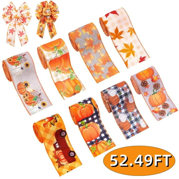 Fall Ribbons Thanksgiving Ribbons Autumn Harvest Ribbons for Gift Craft Wrapping Orange Pumpkin Maple Leaf Decorative Ribbon for Wreath Bows Party Home Decoration 17.49 Yards Design 4
