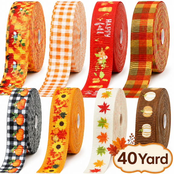 Fall Ribbons Thanksgiving Ribbons Autumn Harvest Ribbons for Gift Craft Wrapping Orange Pumpkin Maple Leaf Decorative Ribbon for Wreath Bows Party Home Decoration 40 Yards Design 1
