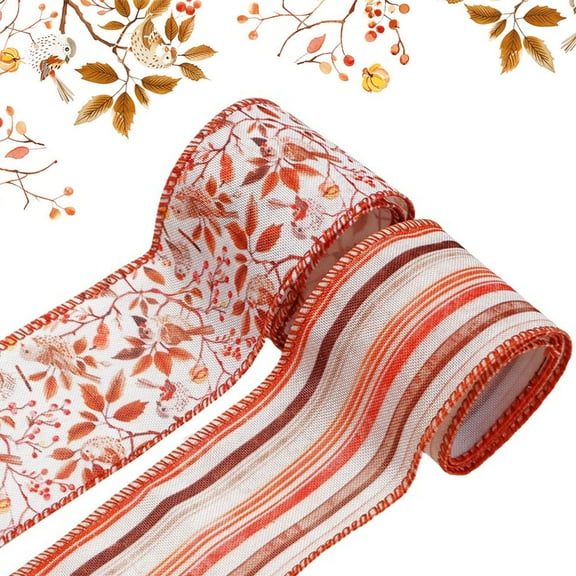 Fall Ribbons Wired Edge Ribbon for Wreath Bows Wrapping Gifts 2 Rolls(2.48in5yd)