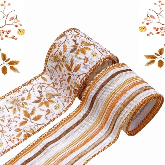 Fall Ribbons Wired Edge Ribbon for Wreath Bows Wrapping Gifts 2 Rolls(2.48in5yd)