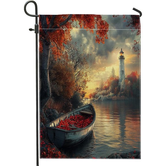 Fall River Boat Garden Flags 12x18 Double Sided for Outside Decorative, Forest Autumn Ship FrontYard Canvas House Flag, Nature Lake Scenic Outdoor Small Backyard Lawn Flag