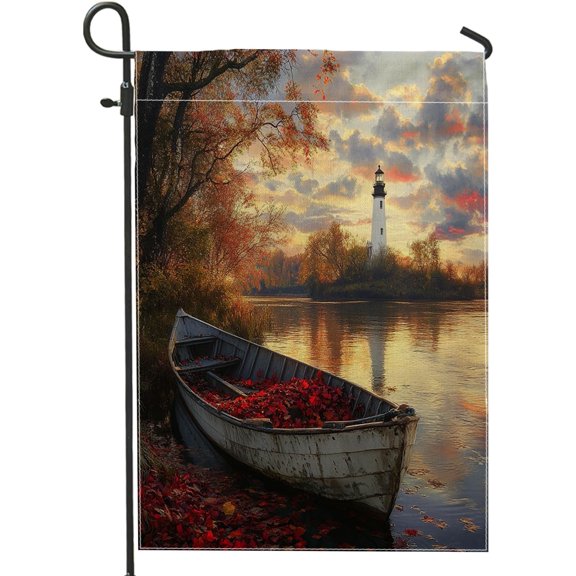 Fall River Boat Garden Flags 12x18 Inch for Outside, Forest Autumn Ship Standard Vertical Linen Flags for House, Nature Lake Scenic Front Yard Backyard Lawn Flags Outdoor Decor