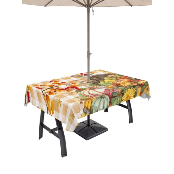Fall Robin Outdoor Rectangle Tablecloth with Umbrella Hole 60"x102", Fruit Basket Maple Leaves Brown Plaid Waterproof Zippered Table Cloth Wrinkle Free Wipeable Desk Covers for Patio Party