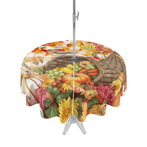 Fall Robin Outdoor Round Tablecloth with Umbrella Hole 60", Fruit Basket Maple Leaves Brown Plaid Waterproof Zippered Table Cloth Wrinkle Free Wipeable Desk Covers for Patio Party