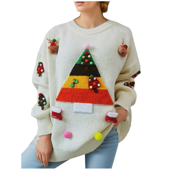 Spring Tops for Women LEBONYARD Womens Tops Long Sleeve Sweatshirts,Women Fashion Long Sleeves Christmas Crew Neck Loose Trend Tops Blouse Knitted Sweater White L