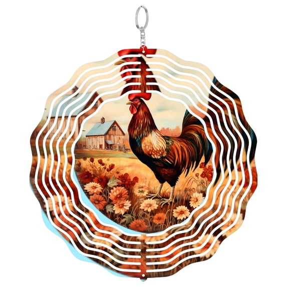 Fall Rooster Rustic Autumn Florals 3D Wind Spinner Stainless Steel Kinetic Art Barnyard Outdoor Gift 10 Inch