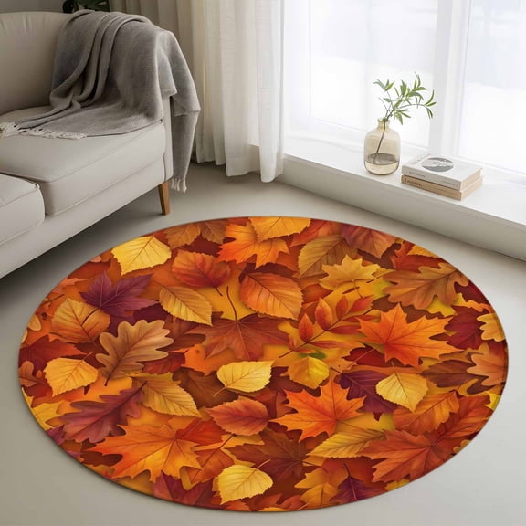 Fall Round Area Rug 3Ft Washable Small Circle Rugs for Kitchen Entryway, Autumn Modern Country Abstract Maple Leaf Textured Non-Slip Carpet Floor Mats Indoor Outdoor Carpet Runner Home Decor