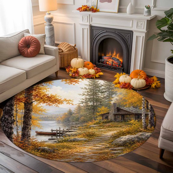 Fall Round Area Rug 6 FT, Non Slip Bedroom Area Rug, Farmhouse Country Cabins Maple Leaves Trees Washable Soft Circular Carpet Non-Shedding Floor Mat for Kitchen Dining Room Home Office Kids Room