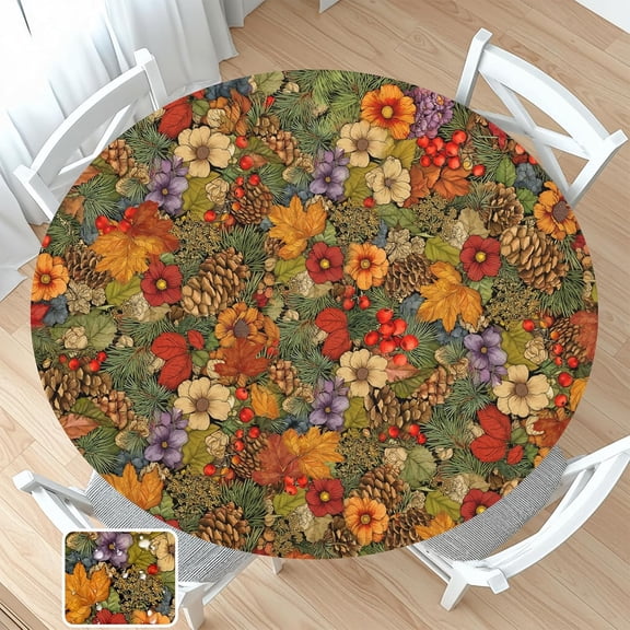 Fall Round Fitted Tablecloth with Elastic for 40-44" Tables Thanksgiving | Rustic Autumn Harvest Leaves Circle Table Cloth Vintage Wildflower Wipeable Washable Table Cover for Patio Dining Outdoor