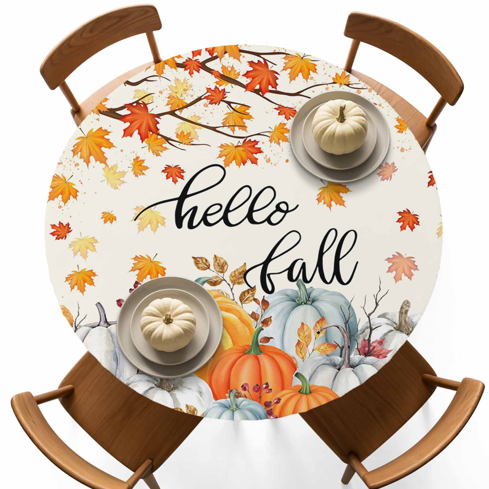 Fall Round Fitted Tablecloth with Elastic Autumn Maple Leaf ...