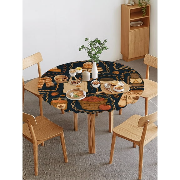 Fall Round Fitted Tablecloth with Elastic Edge, Knit Sweater Coffee Mug Tote Bag Autumn Rustic Waterproof Stretch Table Covers for 36"-44" Tables Wipeable Table Cloth for Outdoor