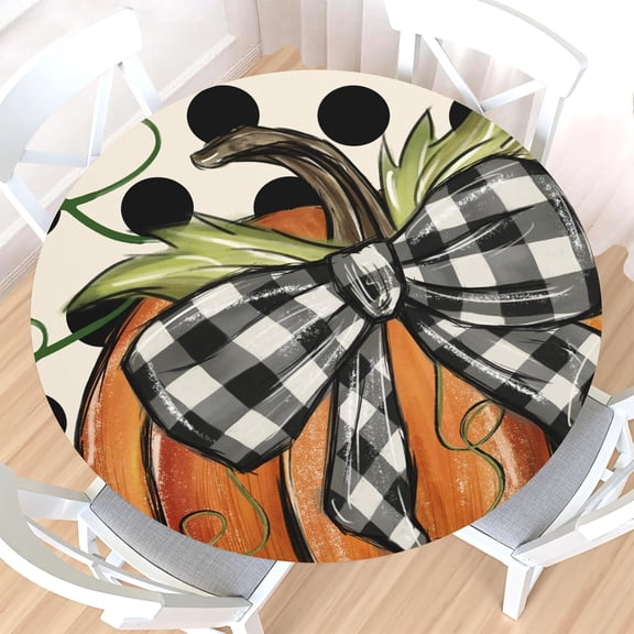 Fall Round Fitted Tablecloth with Elastic Edge,Water-Resistant Autumn Polka Dot Pumpkin Checkered Bow Table Cover for 44-48" Found Tables Harvest Thanksgiving Table Cloth for Dinner,Outdoor,Patio
