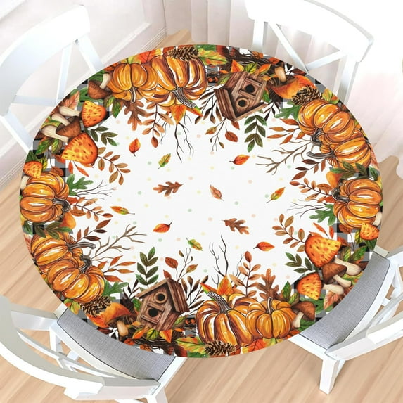 Fall Round Fitted Tablecloth with Elastic Edge,Water-Resistant Orange Autumn Pumpkin Leaf Buffalo Plaid Table Cover for 40-44" Found Tables Thanksgiving Harvest Table Cloth for Dinner,Outdoor,Patio
