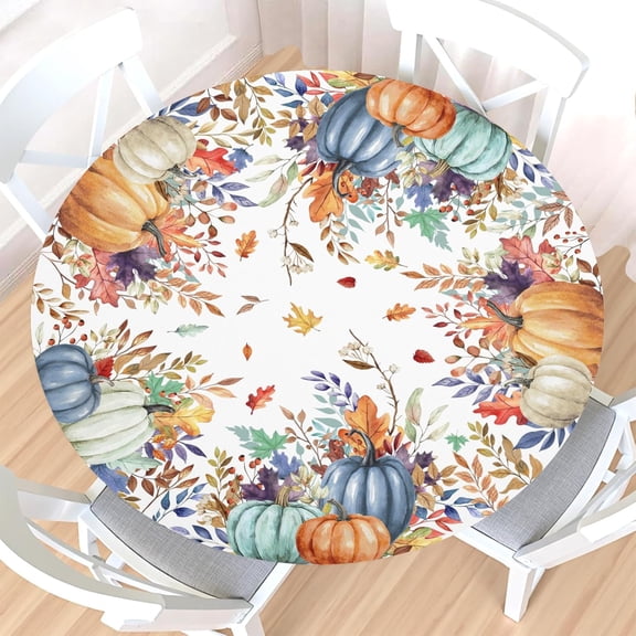 Fall Round Fitted Tablecloth with Elastic Edge,Water-Resistant Picnic Autumn Blue Orange Leaf Pumpkin Table Cover for 40-44" Found Tables Harvest Thanksgiving Table Cloth for Dinner,Outdoor,Patio