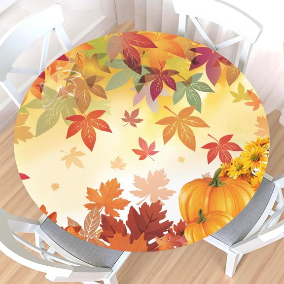 Fall Round Fitted Tablecloth with Elastic Edge,Water-Resistant Picnic Orange Autumn Maple Leaf Pumpkin Sunflower Table Cover for 48-52" Found Tables Thanksgiving Table Cloth for Dinner,Outdoor,Patio