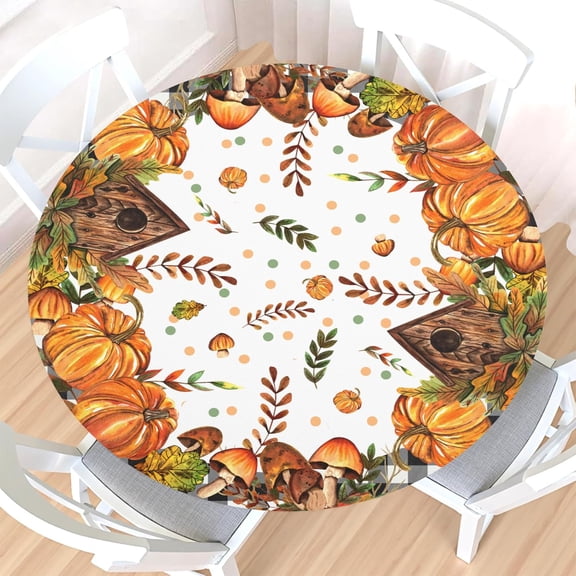 Fall Round Fitted Tablecloth with Elastic Edge,Water-Resistant Picnic Orange Thanksgiving Autumn Harvest Pumpkin Table Cover for 44-48" Found Tables Buffalo Plaid Table Cloth for Dinner,Outdoor,Patio