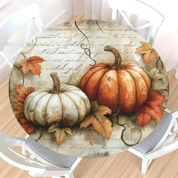 Fall Round Fitted Tablecloth with Elastic Edge,Water-Resistant Vintage Autumn Pumpkin Maple Leaf Table Cover for 48-52" Found Tables Rustic Autumn Thanksgiving Table Cloth for Dinner,Outdoor,Patio
