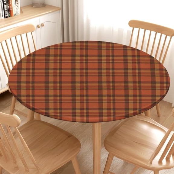 Fall Round Fitted Tablecloth with Elastic Orange Yellow Brown Buffalo Plaid Circle Table Cloth for 56-60" Tables Autumn Thanksgiving Checkered Wipeable Washable Table Cover for Picnic Dining Outdoor