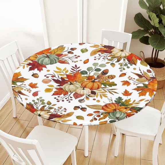 Fall Round Fitted Tablecloth with Elastic Thanksgiving Autumn Harvest Pumpkin Leaves Circle Table Cloth for 40-44" Tables Colorful Maple Leaf Wipeable Washable Table Cover for Picnic Dining Outdoor