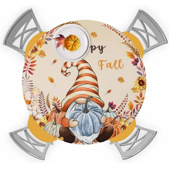 Fall Round Fitted Tablecloth with Elastic Thanksgiving Gnome Tablecloths Autumn Maple Leaves Sunflower Pumpkin Table Cover for Kitchen Dinner Holiday Party Picnic Fits Tables up to 45"- 52" Diameter