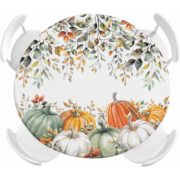 Fall Round Fitted Tablecloth with Elastic Thanksgiving Orange Pumpkin Tablecloths Sage Green Autumn Eucalyptus Leaves Table Cover for Kitchen Dinner Holiday Party Fits Tables up to 36"- 44" Diameter