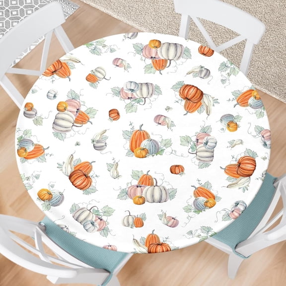 Fall Round Fitted Tablecloth with Elastic Thanksgiving Pumpkin Outdoor Tablecloth Waterproof Table Cover for Picnic Dinner Party Decor Fits 40"-44" Diameter Round Tables