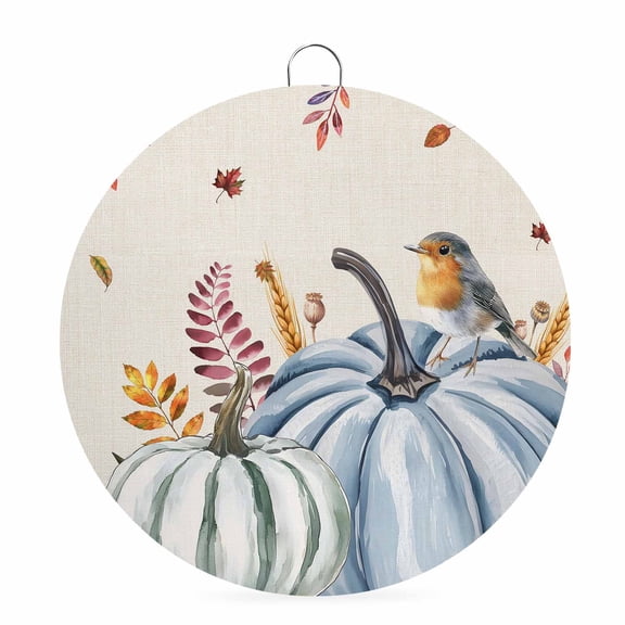 Fall Round Metal Signs for Outside Bird Harvest Pumpkin Tin Signs Stainless Steel Hook Autumn Maple Leaves Linen Thanksgiving Metal Sign for Front Door Porch Hanging Wall Decor Gifts 6 Inch