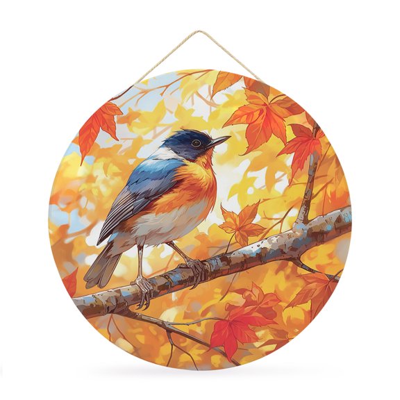 Fall Round Metal Signs for Outside Bird Tin Signs with Rope Welcome Home Sign Plaque Autumn Maple Leaves Thanksgiving Metal Sign for Front Door Porch Indoor Outdoor Hanging Wall Decor Gifts 12 Inch