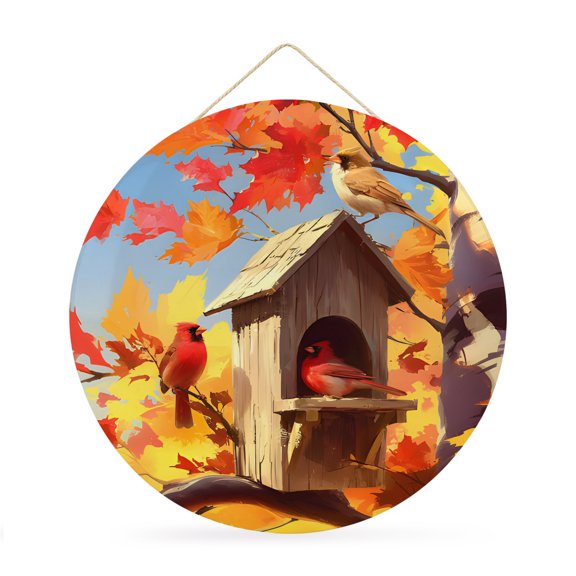 Fall Round Metal Signs for Outside Cardinal Bird Tin Signs with Rope Welcome Home Sign Plaque Bird Nest Maple Leaves Thanksgiving Metal Sign for Front Door Porch Hanging Wall Decor Gifts 12 Inch